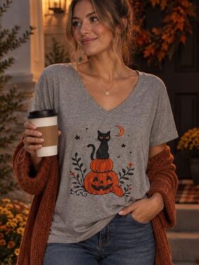 Gray Halloween Cat & Pumpkin V-Neck Women's Tee size 1XL NWOT